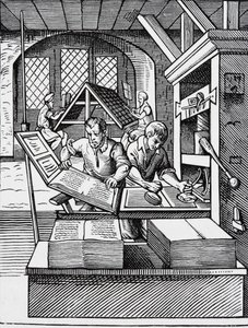 Interior de uma casa de impressão do século XVI, depois de uma gravura de Jost Amman (1539-91) de English School